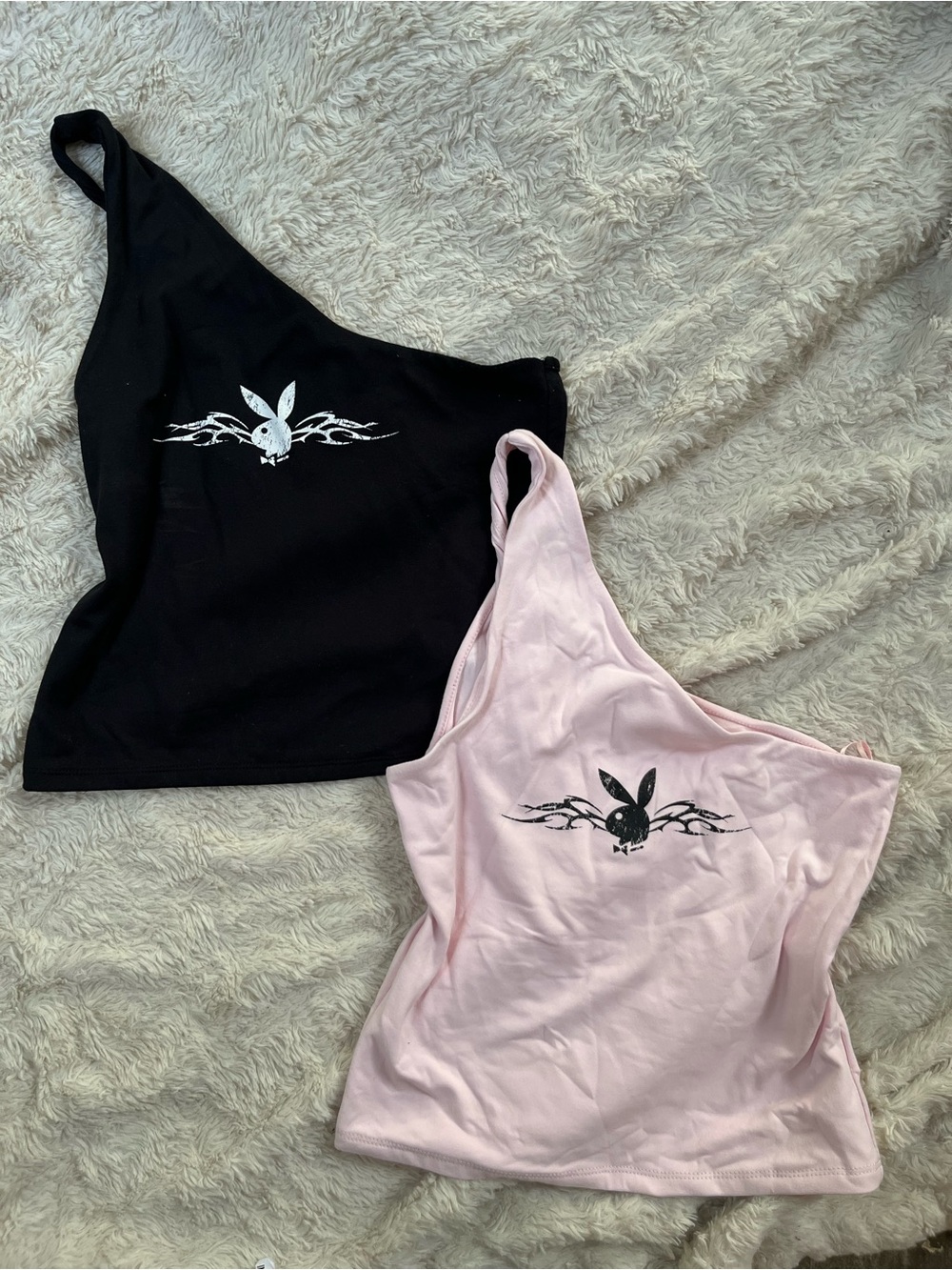 PLAYBOY Black & Light Pink One-Shoulder Bunny Graphic Crop Tops